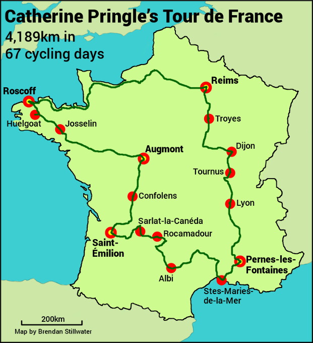 Map showing Catherine Pringle's Tour de France